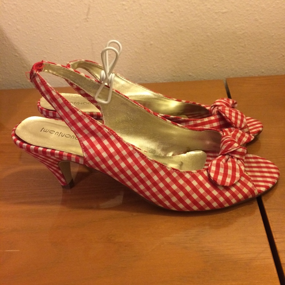 Red gingham pinup slingback peep toe  heels